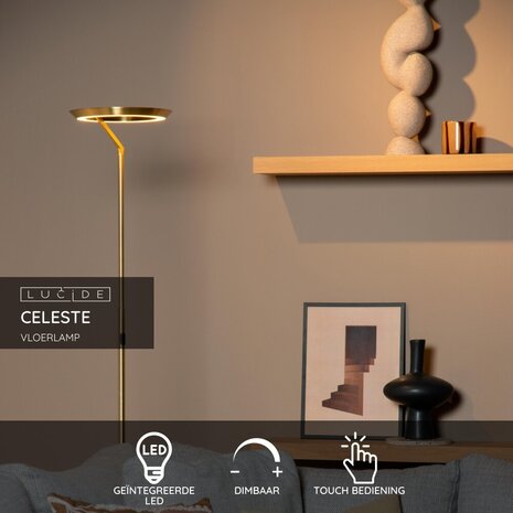 Lucide CELESTE - Vloerlamp - Ø 28 cm - LED Dimb. - 1x21W 2700K - Mat Goud / Messing