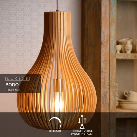 Lucide BODO - Hanglamp - Ø 38 cm - 1xE27 - Licht hout