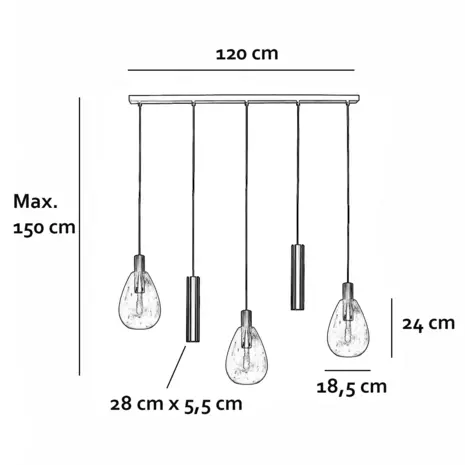 Freelight Hanglamp Dorato 5 lichts L120 cm zwart goud Freelight Hanglamp Dorato 5 lichts L120 cm zwart goud