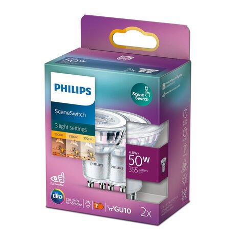 Philips LED GU10 lamp 4,8 Watt set van 2x Philips SceneSwitch DIM Philips LED GU10 lamp 4,8 Watt set van 2x Philips SceneSwitch DIM