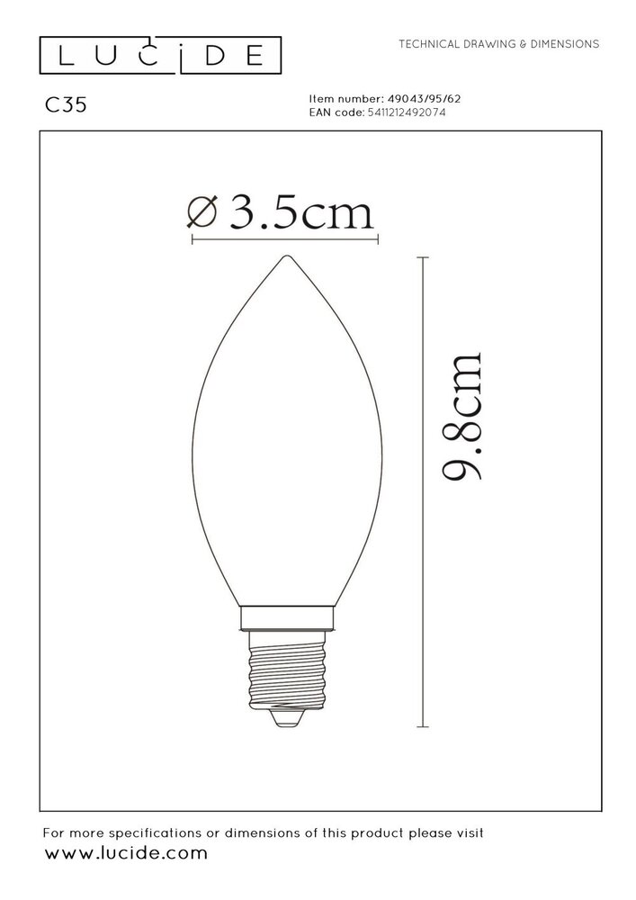 Lucide C35 - Filament lamp - Ø 3,5 cm - LED 3 StepDim (Memory) - E14 - 1x3W 2200K - Amber Lucide C35 - Filament lamp - Ø 3,5 cm - LED 3 StepDim (Memory) - E14 - 1x3W 2200K - Amber