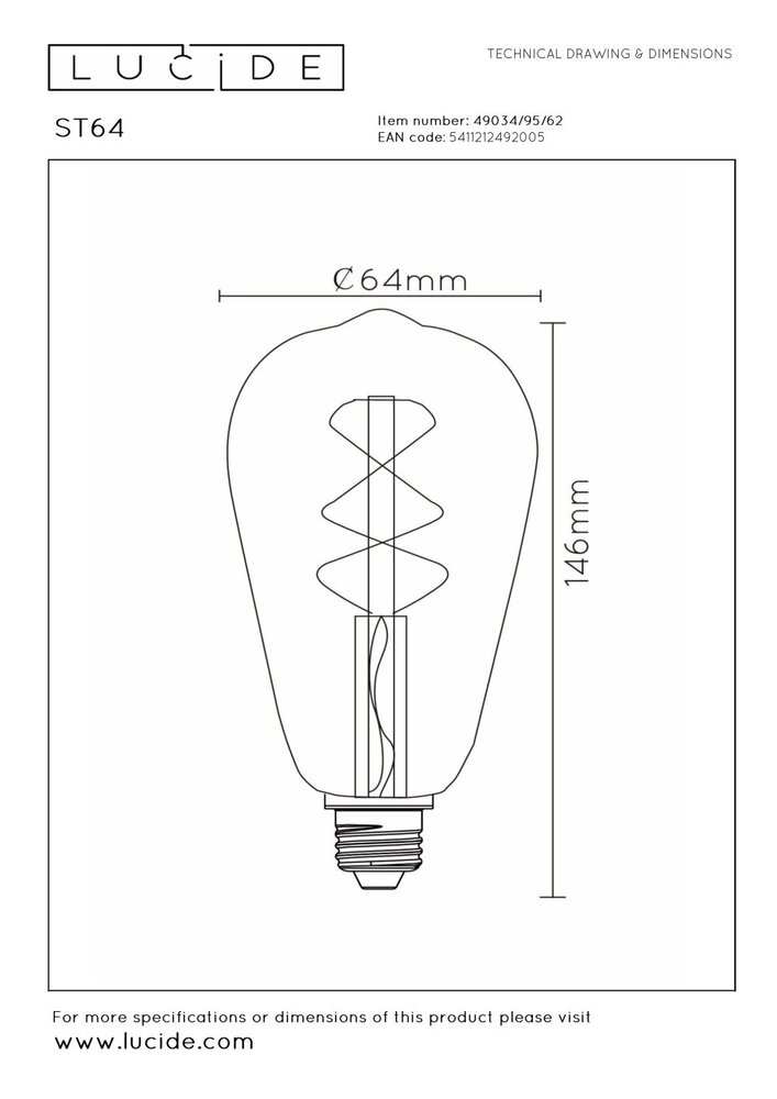 Lucide ST64 - Filament lamp - Ø 6,4 cm - LED 3 StepDim (Memory) - E27 - 1x4,9W 2200K - Amber Lucide ST64 - Filament lamp - Ø 6,4 cm - LED 3 StepDim (Memory) - E27 - 1x4,9W 2200K - Amber
