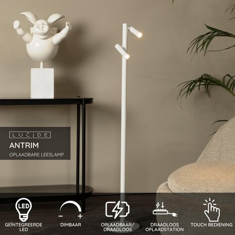 Lucide ANTRIM - Oplaadbare Leeslamp Binnen/Buiten - Accu/Batterij - LED Dimb. - 2x2,2W 2700K - IP54 - Met draadloos oplaadstation - Wit Lucide ANTRIM - Oplaadbare Leeslamp Binnen/Buiten - Accu/Batterij - LED Dimb. - 2x2,2W 2700K - IP54 - Met draadloos oplaadstation - Wit