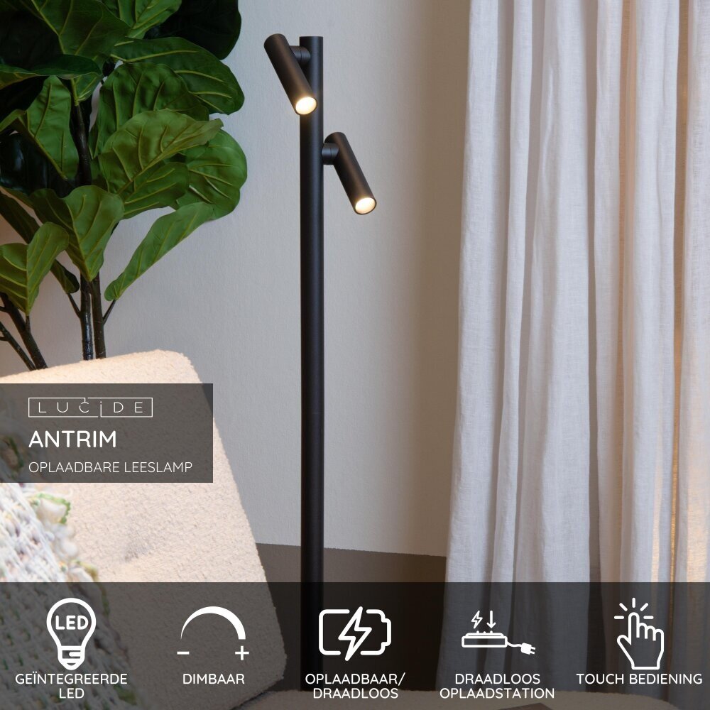 Lucide ANTRIM - Oplaadbare Leeslamp Binnen/Buiten - Accu/Batterij - LED Dimb. - 2x2,2W 2700K - IP54 - Met draadloos oplaadstation - Zwart Lucide ANTRIM - Oplaadbare Leeslamp Binnen/Buiten - Accu/Batterij - LED Dimb. - 2x2,2W 2700K - IP54 - Met draadloos oplaadstation - Zwart