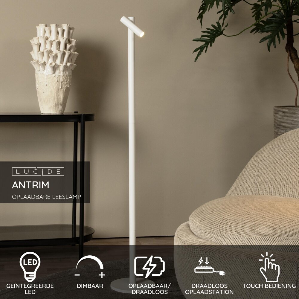 Lucide ANTRIM - Oplaadbare Leeslamp Binnen/Buiten - Accu/Batterij - LED Dimb. - 1x2,2W 2700K - IP54 - Met draadloos oplaadstation - Wit Lucide ANTRIM - Oplaadbare Leeslamp Binnen/Buiten - Accu/Batterij - LED Dimb. - 1x2,2W 2700K - IP54 - Met draadloos oplaadstation - Wit