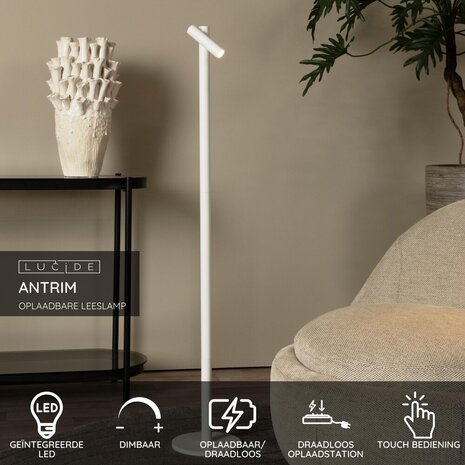 Lucide ANTRIM - Oplaadbare Leeslamp Binnen/Buiten - Accu/Batterij - LED Dimb. - 1x2,2W 2700K - IP54 - Met draadloos oplaadstation - Wit Lucide ANTRIM - Oplaadbare Leeslamp Binnen/Buiten - Accu/Batterij - LED Dimb. - 1x2,2W 2700K - IP54 - Met draadloos oplaadstation - Wit