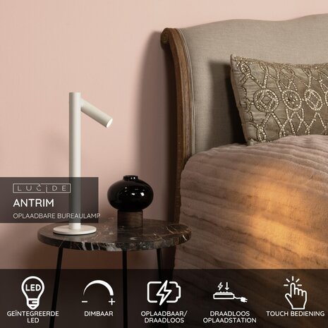 Lucide ANTRIM - Oplaadbare Bureaulamp Binnen/Buiten - Accu/Batterij - LED Dimb. - 1x2,2W 2700K - IP54 - Met draadloos oplaadstation - Wit Lucide ANTRIM - Oplaadbare Bureaulamp Binnen/Buiten - Accu/Batterij - LED Dimb. - 1x2,2W 2700K - IP54 - Met draadloos oplaadstation - Wit