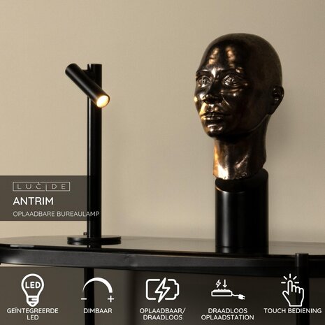 Lucide ANTRIM - Oplaadbare Bureaulamp Binnen/Buiten - Accu/Batterij - LED Dimb. - 1x2,2W 2700K - IP54 - Met draadloos oplaadstation - Zwart Lucide ANTRIM - Oplaadbare Bureaulamp Binnen/Buiten - Accu/Batterij - LED Dimb. - 1x2,2W 2700K - IP54 - Met draadloos oplaadstation - Zwart