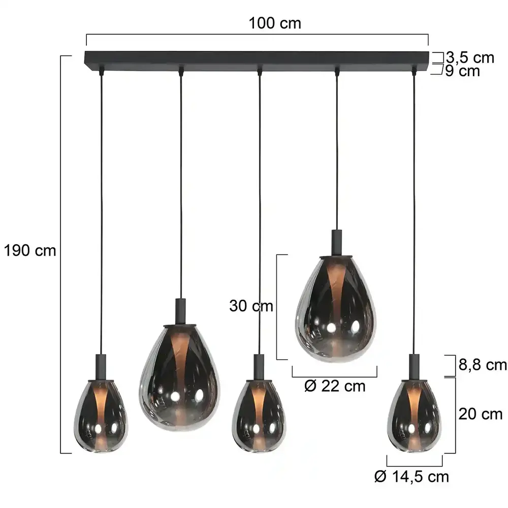 Mexlite Hanglamp Glimsy 5 lichts L 115 cm zwart Mexlite Hanglamp Glimsy 5 lichts L 115 cm zwart