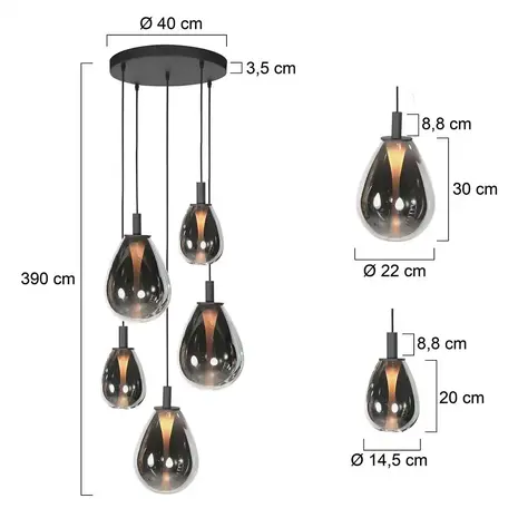 Mexlite Hanglamp Glimsy 5 lichts Ø 45 cm zwart