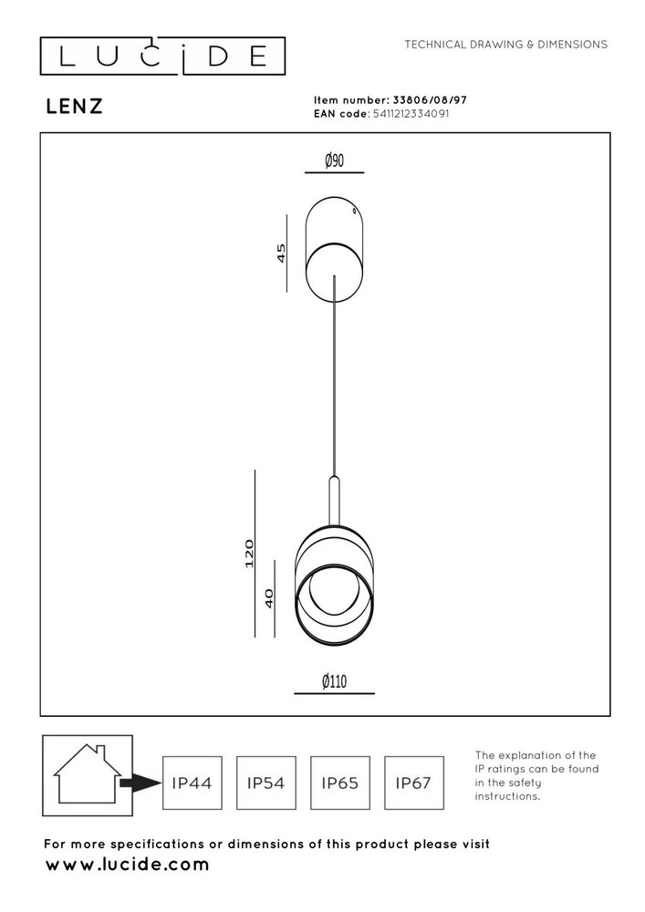 Lucide LENZ - Hanglamp Binnen/Buiten - Ø 11 cm - LED - 1x8W 2700K - IP54 - Roest bruin | Essential