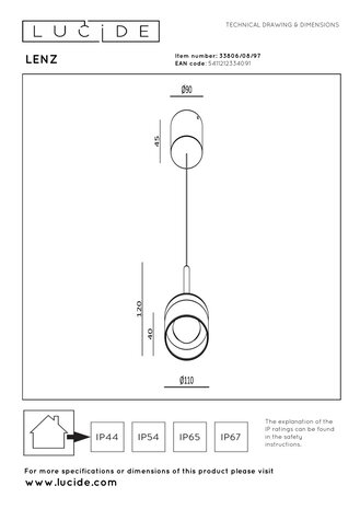 Lucide LENZ - Hanglamp Binnen/Buiten - Ø 11 cm - LED - 1x8W 2700K - IP54 - Roest bruin | Essential