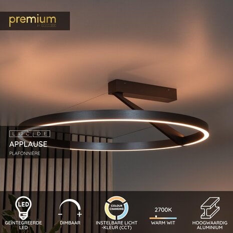 Lucide APPLAUSE - Plafonnière - Ø 60 cm - LED Dimb. - CCT - 1x40W 2200K/4000K - Grijs ijzer | Premium Lucide APPLAUSE - Plafonnière - Ø 60 cm - LED Dimb. - CCT - 1x40W 2200K/4000K - Grijs ijzer | Premium