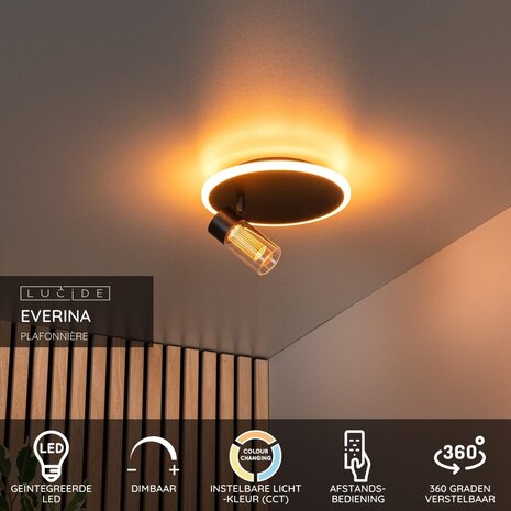 Lucide EVERINA - Plafonnière - Ø 23 cm - LED Dimb. - CCT - 2200K/6500K - Zwart | Essential