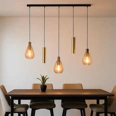 Freelight Hanglamp Dorato 5 lichts L120 cm zwart goud Freelight Hanglamp Dorato 5 lichts L120 cm zwart goud