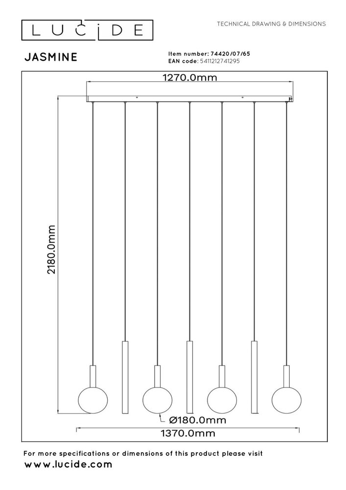 Lucide JASMINE - Hanglamp - LED Dimb. - CCT - 7x4W 2200K/3300K - Koper | Premium