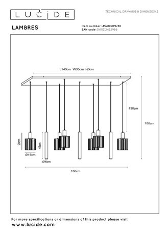 Lucide LAMBRES - Hanglamp - 6xE27 - Zwart Lucide LAMBRES - Hanglamp - 6xE27 - Zwart