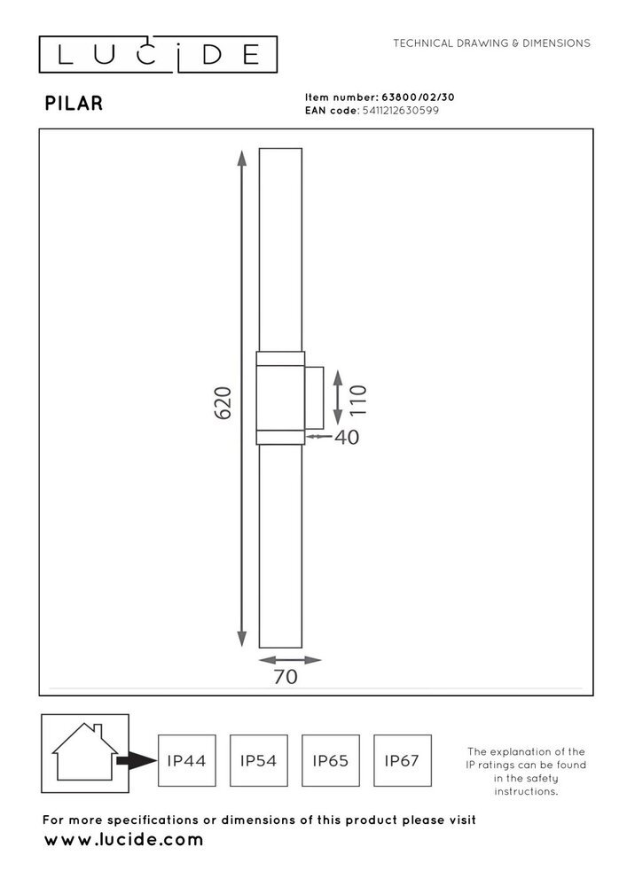 Lucide PILAR - Wandlamp Binnen/Buiten - 2xE27 - IP54 - Zwart | Essential