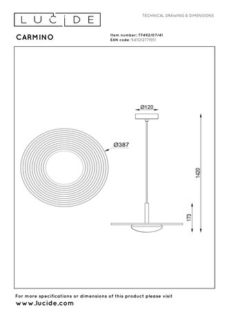 Lucide CARMINO - Hanglamp - Ø 38,7 cm - LED - 1x8W 2700K - Taupe | Essential