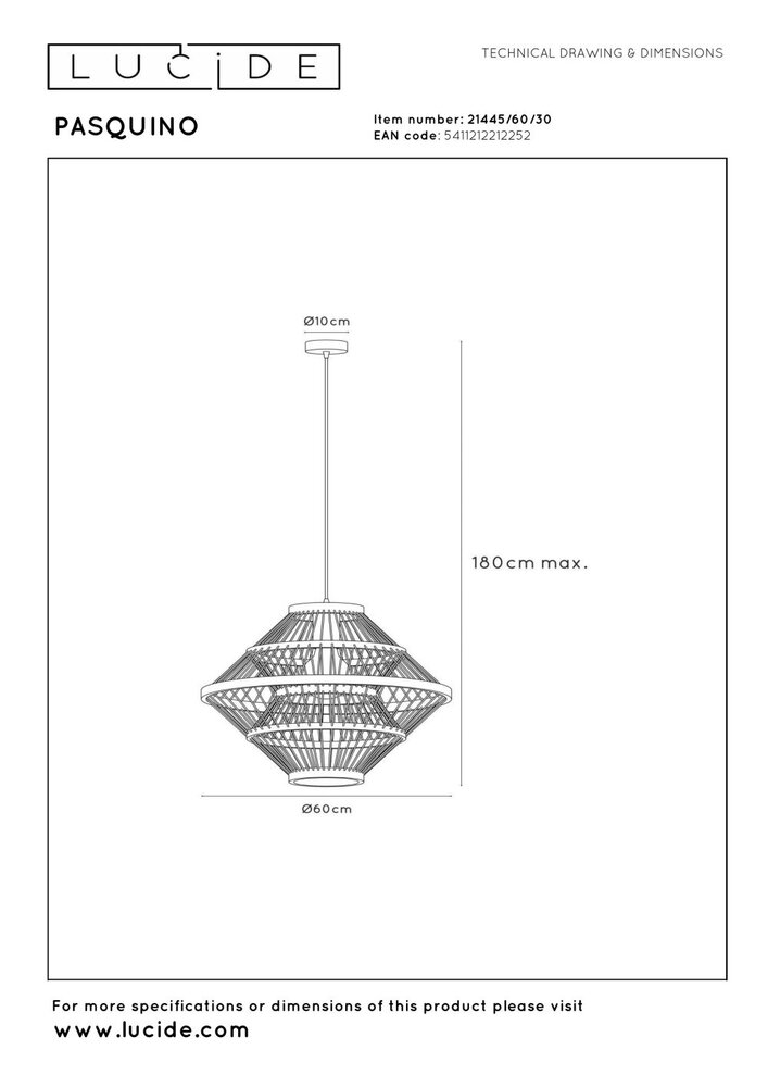 Lucide PASQUINO - Hanglamp - Ø 60 cm - 1xE27 - Zwart | Essential