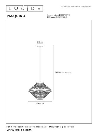 Lucide PASQUINO - Hanglamp - Ø 40 cm - 1xE27 - Zwart | Essential