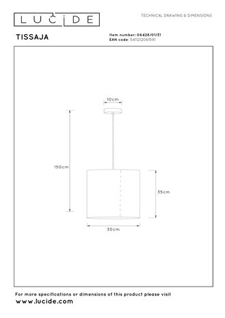 Lucide TISSAJA - Hanglamp - Ø 30 cm - 1xE27 - Wit | Essential