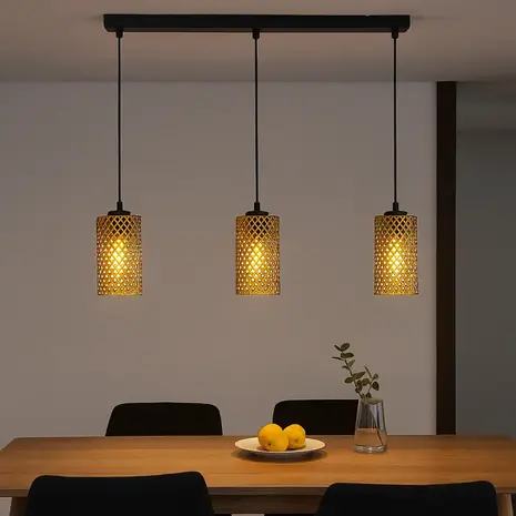 Freelight Hanglamp Cestino 3 lichts L 100 cm zwart - goud Freelight Hanglamp Cestino 3 lichts L 100 cm zwart - goud
