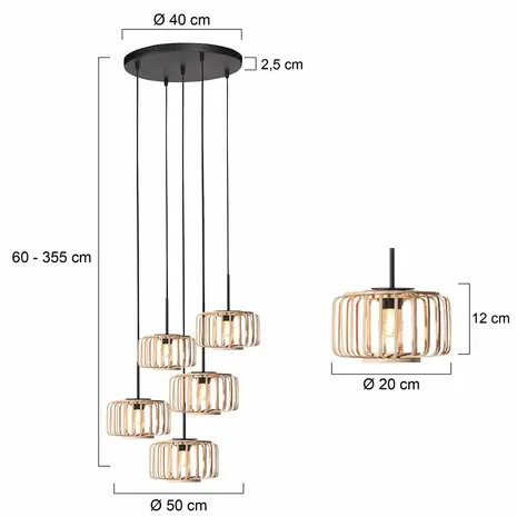 Steinhauer Hanglamp HaloSwap 5 lichts Ø 40 cm bamboe zwart