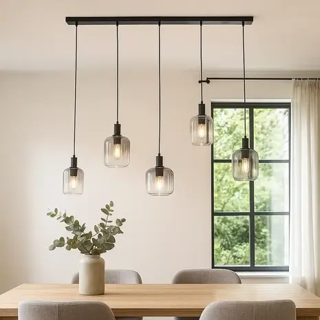 Freelight Hanglamp Vario 5 lichts L120 cm rook glas zwart Freelight Hanglamp Vario 5 lichts L120 cm rook glas zwart