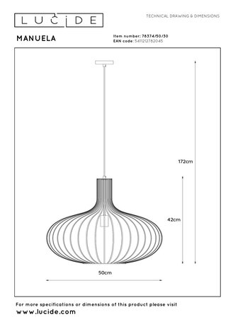 Lucide MANUELA - Hanglamp - Ø 50 cm - 1xE27 - Zwart