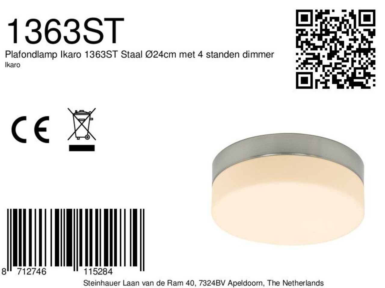 Steinhauer Plafondlamp ceiling and wall IP44 LED 1363st staal