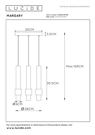 Lucide MARGARY - Hanglamp - Ø 28 cm - LED Dimb. - 3x4W 2700K - Koffie Lucide MARGARY - Hanglamp - Ø 28 cm - LED Dimb. - 3x4W 2700K - Koffie