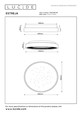 Lucide ESTREJA - Plafonnière - Ø 40 cm - LED 3 StepDim - CCT - 2500K/3000K - Zwart