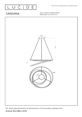 Lucide SARDANA - Hanglamp - Ø 80 cm - LED Dimb. - 1x74W 2700K - Mat Goud / Messing | Premium Lucide SARDANA - Hanglamp - Ø 80 cm - LED Dimb. - 1x74W 2700K - Mat Goud / Messing | Premium