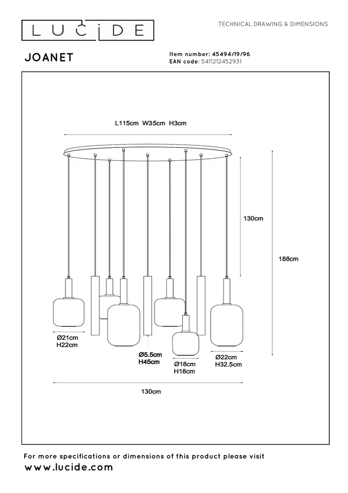 Lucide JOANET - Hanglamp - 6xE27 - Messing