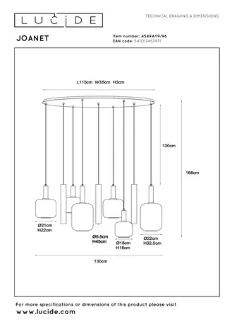 Lucide JOANET - Hanglamp - 6xE27 - Messing