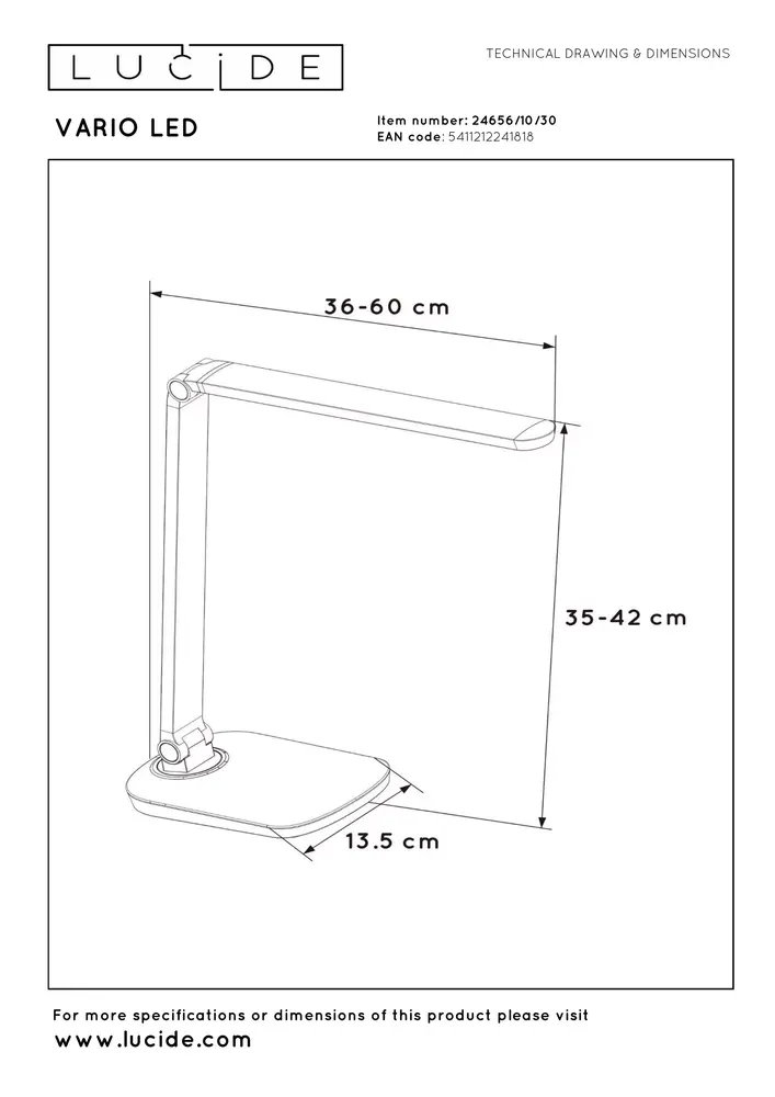 Lucide VARIO LED - Bureaulamp - LED Dimb. - CCT - 1x8W 2700K/6500K - Zwart