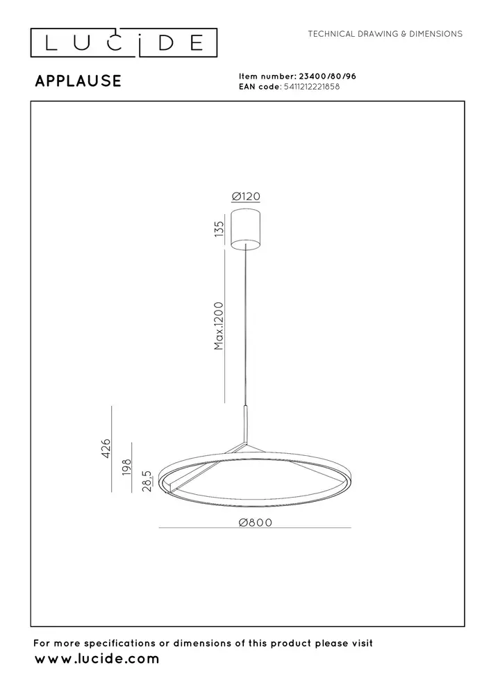 Lucide APPLAUSE - Hanglamp - Ø 80 cm - LED Dimb. - CCT - 1x50W 2700K/4000K - Handbewegingssensor - Koffie | Premium