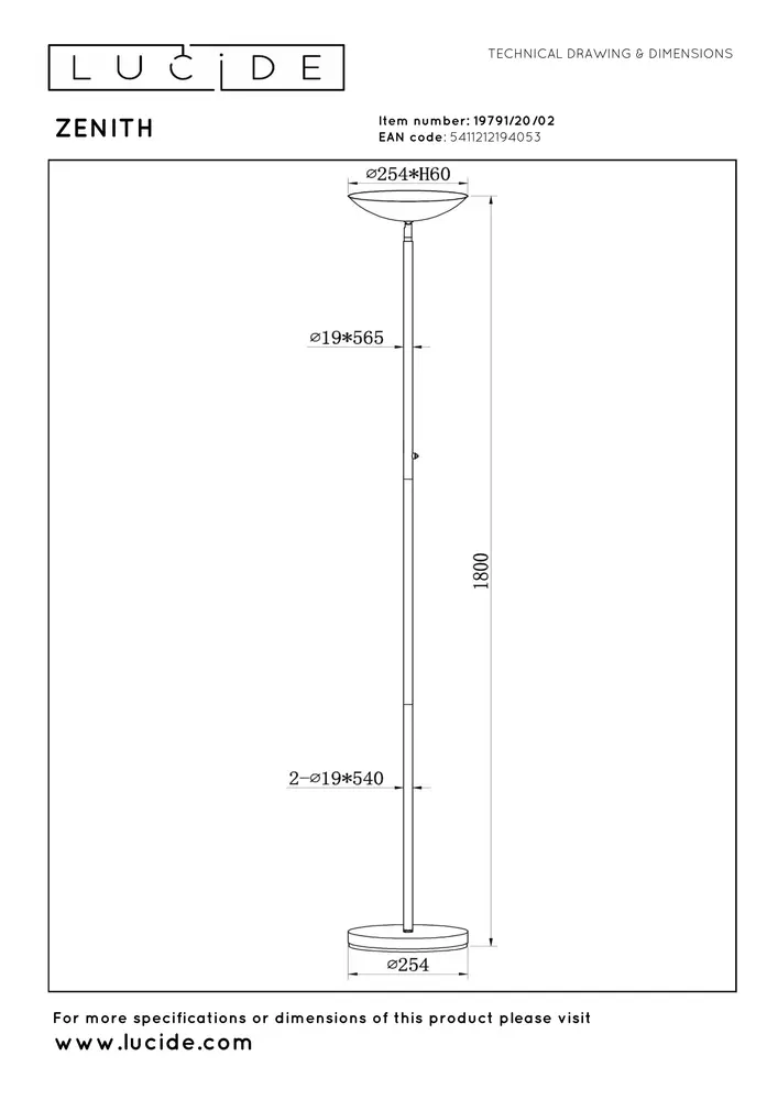 Lucide ZENITH - Vloerlamp - LED Dimb. - 1x20W 3000K - Zwart