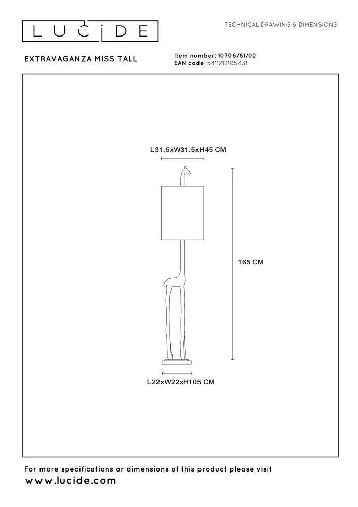 Lucide EXTRAVAGANZA MISS TALL - Vloerlamp - Ø 31,5 cm - 1xE27 - Mat Goud / Messing