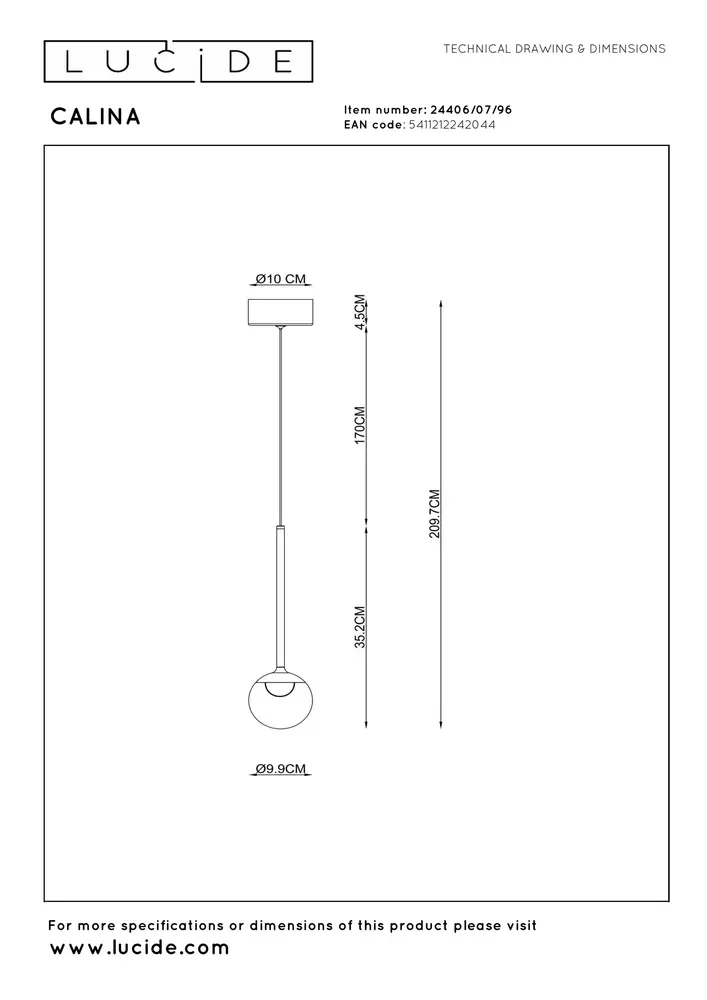 Lucide CALINA - Hanglamp - Ø 9,9 cm - LED Dimb. - CCT - 1x7W 2200K/3300K - Met vervangbare LED-module - Koffie | Premium