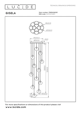 Lucide GISELA - Hanglamp - Ø 61 cm - LED Dimb. - 12x3,5W 2700K - Geschikt voor vide en hoge plafonds - Amber | Premium