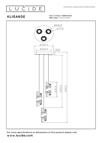 Lucide KLIGANDE - Hanglamp - Ø 25 cm - LED Dimb. - 3x8W 2700K - Mat Goud / Messing