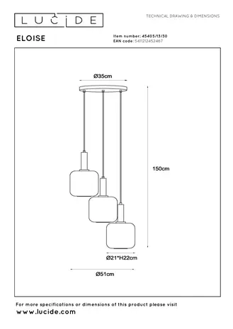 Lucide ELOISE - Hanglamp - Ø 40 cm - 3xE27 - Zwart