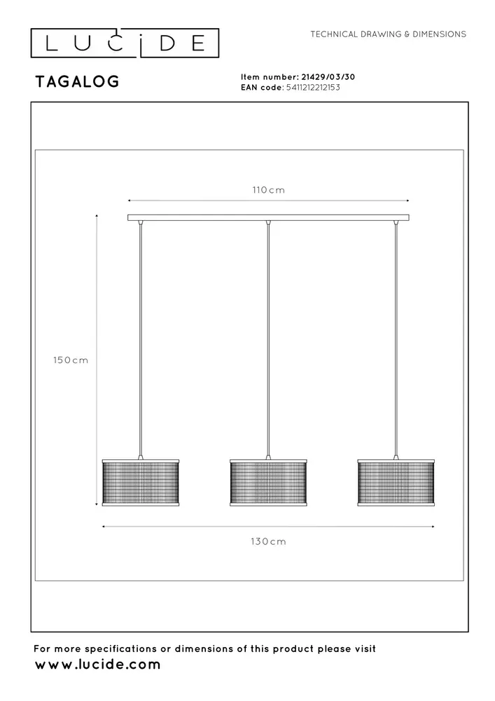 Lucide TAGALOG - Hanglamp - Ø 40 cm - 3xE27 - Zwart | Essential