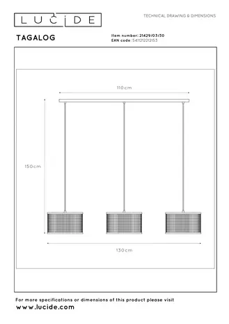 Lucide TAGALOG - Hanglamp - Ø 40 cm - 3xE27 - Zwart | Essential