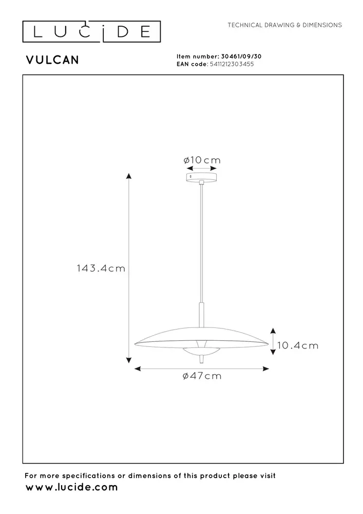 Lucide VULCAN - Hanglamp - Ø 47 cm - LED Dimb. - 1x9W 3000K - Zwart