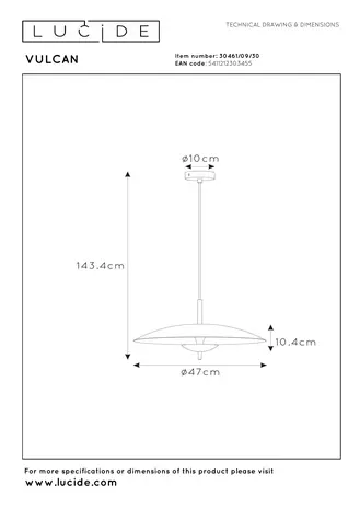 Lucide VULCAN - Hanglamp - Ø 47 cm - LED Dimb. - 1x9W 3000K - Zwart
