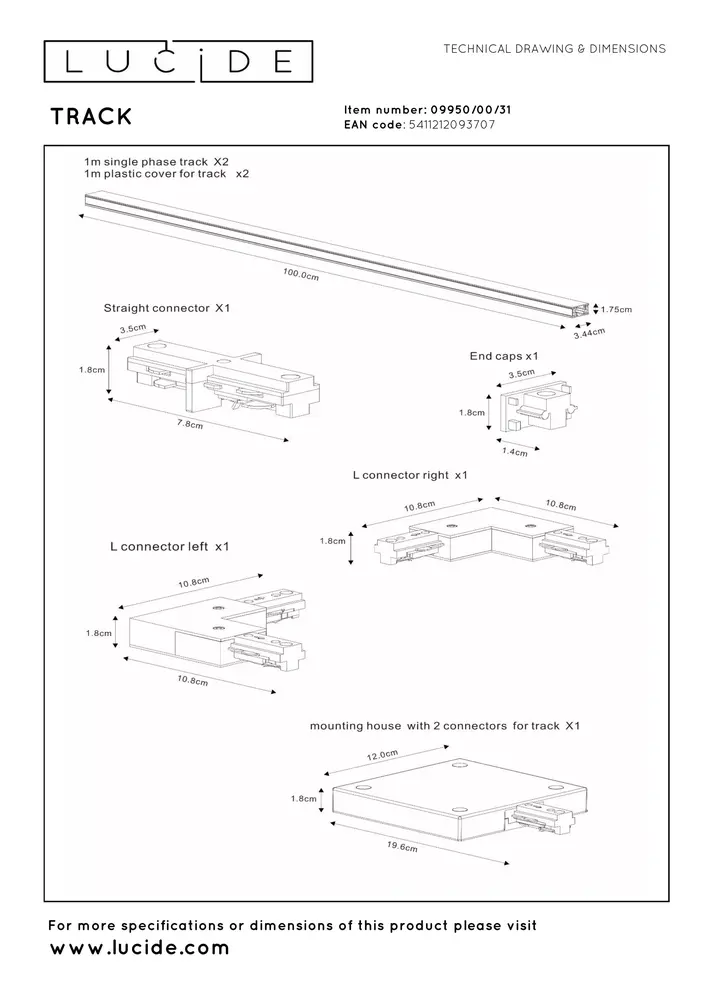 Lucide TRACK Starterset - 1-fase Railsysteem / Railverlichting - 2 meter - Wit