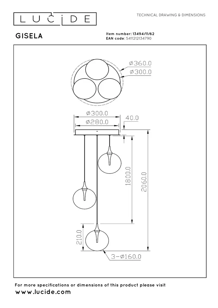Lucide GISELA - Hanglamp - Ø 36 cm - LED Dimb. - 3x4,3W 2700K - Amber | Premium